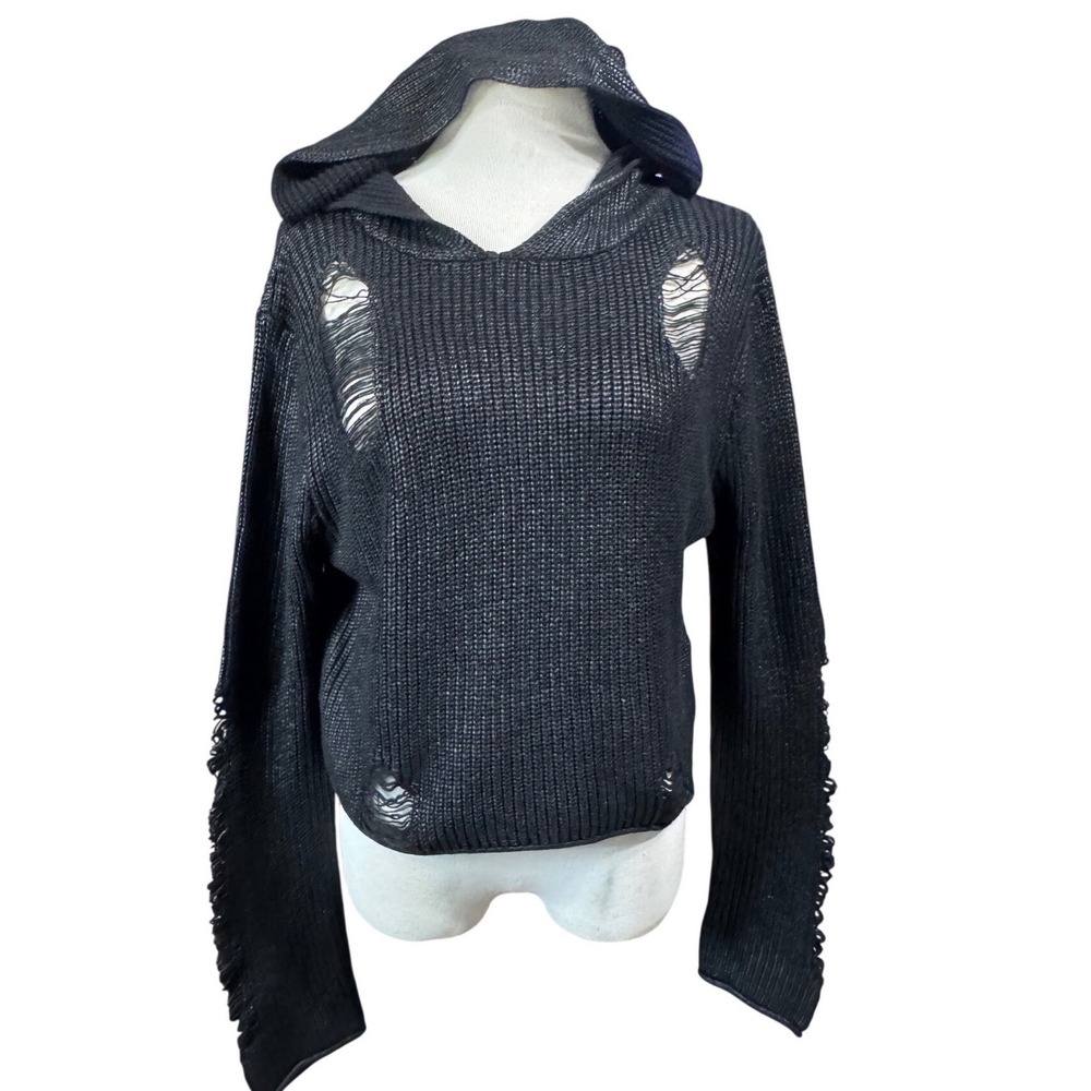 Killstar Knit Hoodie Womens Large Distressed Cropped Black Goth Grunge Alt Punk